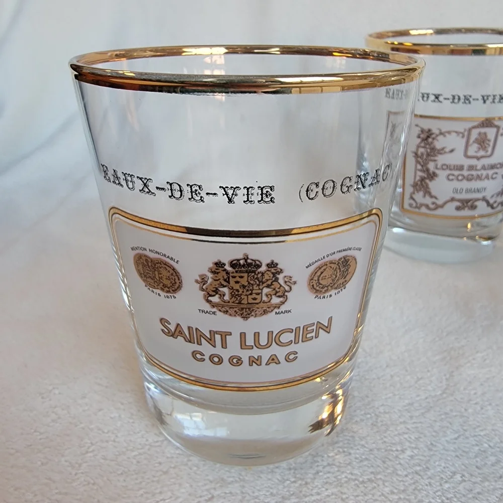 Williams Sonoma 4 Vintage Double Old Fashioned Glasses Gold Rim Cognac Champagne
